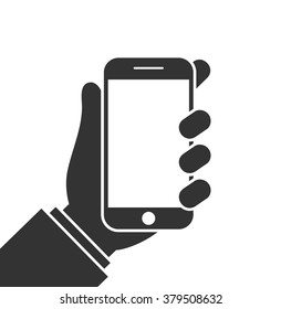Hand holding mobile phone icon . Vector illustration
