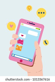 Hand holding mobile phone with icons and chatting screen. Cartoon flat style. Vector illustration.