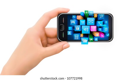 Hand holding mobile phone with icons. Vector