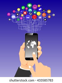 Hand holding mobile phone with icons. Concept of communication in the network