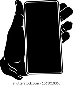  A hand holding a mobile phone iin a vintage old woodcut etching style