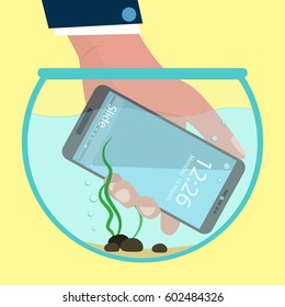 Hand holding mobile phone inside the aquarium in flat design style.