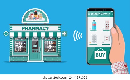 Hand holding mobile phone with internet pharmacy shopping app. Pharmacy shop facade. Medical assistance, help, support online. Health care application on smartphone. Vector illustration in flat style