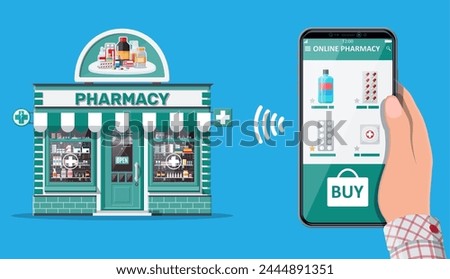 Hand holding mobile phone with internet pharmacy shopping app. Pharmacy shop facade. Medical assistance, help, support online. Health care application on smartphone. Vector illustration in flat style