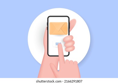 Hand holding mobile phone with mail app. Mail service concept. 3D Vector Illustration.