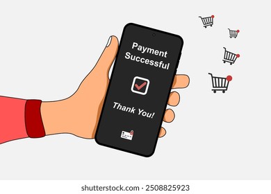 Mão segurando um telefone celular para fazer compras on-line pagamento usando um smartphone. Conceito de pagamento online. Ilustração vetorial.