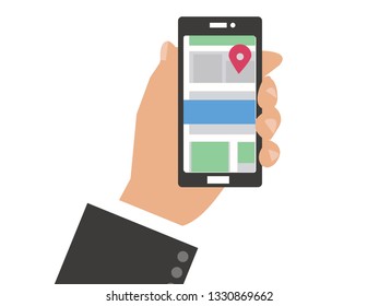 Hand holding a mobile phone with map and location market cartoon vector illustration.