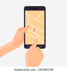 Hand holding mobile phone with map and marker. Navigation app with map on smartphone. Tracking system. Flat vector cartoon illustration.