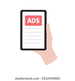 Mão segurando anúncios de marketing de telefone celular. Anúncio, seo, promoção, negócio, online, conceitos de marketing. Ilustração isolada de design de vetor plano.