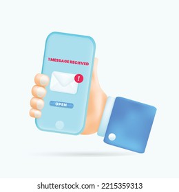 Teléfono móvil de mano con alerta de notificación de mensajes ilustración vectorial 3D