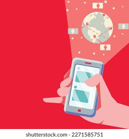 Hand holding mobile phone with messages on the screen. Brihgt vector illustration with many planets. Image contiains important information. Current news.