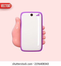 Mano sosteniendo el teléfono móvil. Moderno Smartphone en mano Plantilla de pantalla en blanco. Diseño 3d realista al estilo de las caricaturas. Fondo rosa. ilustración vectorial