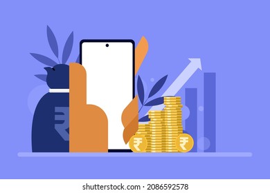 Hand Holding A Mobile Phone With Moneybag And Indian Rupee Coins In The Background