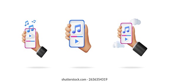 Hand holding mobile phone with music player interface. Concept of streaming audio, online radio, or cloud music service. Modern digital entertainment.