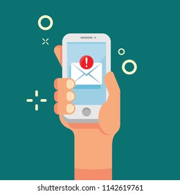 Hand holding mobile phone with new email icon. New incoming message on screen smartphone flat style. Chat message notifications. Chatting, sms concept and communication. Vector illustration