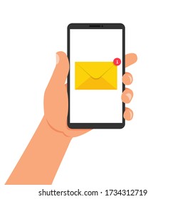 Hand holding mobile phone with new email icon. New incoming message on screen smartphone flat style. Chat message notifications. Chatting, sms concept and communication. Vector illustration.
