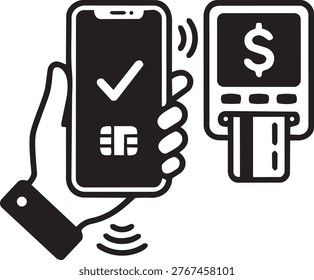 Hand holding mobile phone for NFC payment. Payment terminal displays dollar sign. Credit card in slot. Shows modern finance, digital wallet, and transaction.