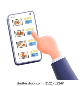 Hand holding mobile phone with NFT non fungible token and pointing to the screen. Trading in blockchain and collectible digital art technology concept. 3D rendering style Vector illustration isolated