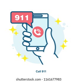 Hand holding mobile phone on the screen. Emergency call 911 concept.  Vector modern line design illustration icon