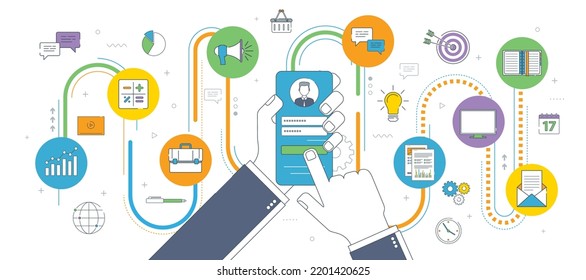 Hand holding mobile phone on login screen. Smartphone application icons connected by lines. Concept of smart communication and technology. Flat vector illustration.