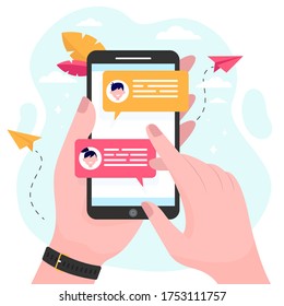 Hand holding mobile phone with online messages flat vector illustration. Modern smartphone screen with chat. Communication and conversation concept