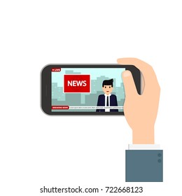 Hand holding mobile phone with online TV translation. Breaking news with TV host. Vector flat design illustration.