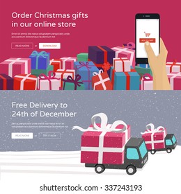 Hand holding mobile phone and ordering Christmas gifts & Free Delivery service for online store. Modern vector illustration banners for website. 