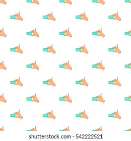 Hand holding mobile phone pattern. Cartoon illustration of hand holding mobile phone vector pattern for web