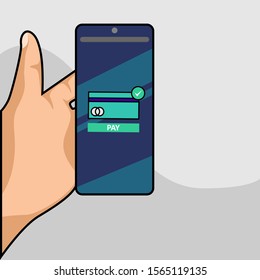 Hand holding a mobile phone to pay with credit card cartoon vector illustration concept for web banners, web sites, infographics. Creative flat design vector illustration