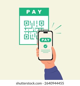 Hand holding a mobile phone for payment, scan QR Code. Cashless payments, Online payment concept.