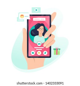 Hand holding mobile phone with person avatar on the screen . Online communication and connection. Vector illustration in cartoon style