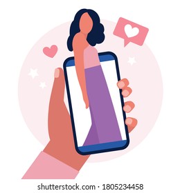 Hand holding a mobile phone with a photo. Social network. Colorful flat vector illustration.
