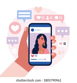 Hand holding a mobile phone with a photo from a social network account. Colorful flat vector illustration.