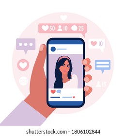 Hand holding a mobile phone with a photo from a social network account. Colorful flat vector illustration.