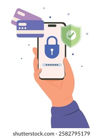 hand holding mobile phone with pin to verify their id and online security access. Vector illustration. 