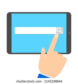 Hand holding mobile phone and pushing the search button. Surfing the internet with browser. Modern technology concept. Isolated vector flat illustration