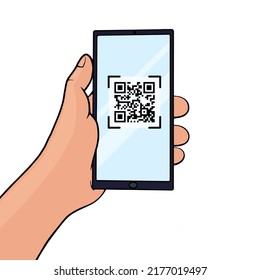 Hand Holding A Mobile Phone With QR Code On The Screen. QR Code Scanning  In Smartphone In Line Style. Barcode Scanner For Pay, Web, App, Promo. Vector Illustration.