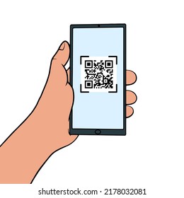 Hand holding a mobile phone with QR code on the screen. QR code scanning  in smartphone in line style. Barcode scanner for pay, web, app, promo. Vector illustration.