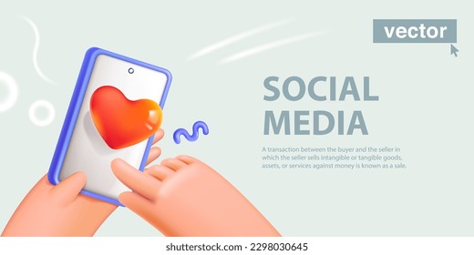 Hand holding mobile phone with red heart icon. Realistic 3D render like symbol design. Vector art in fun cartoon plastic style. Social Media illustration with white screen for your design.