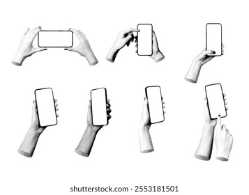 Mão segurando o conjunto de mockups de tela de telefone celular, smartphone mock up, touchscreen isolado no fundo branco. Vetor de estilo retrô pontilhado de meio-tom