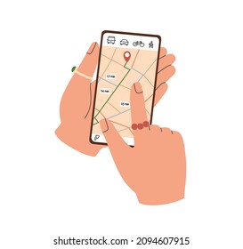 Hand holding mobile phone and searching route and location with GPS map app. Person use smartphone screen with navigator application. Flat graphic vector illustration isolated on white background