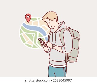 Handheld-Mobiltelefon und Suchroute und Standort mit GPS-Karten-App. Person verwenden Smartphone-Bildschirm mit Navigator-Anwendung. Handgezeichneter Stilvektor