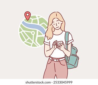 Mano sosteniendo el teléfono móvil y la búsqueda de ruta y ubicación con el App de mapas GPS. Persona usa la pantalla del teléfono inteligente con la aplicación del navegador. Vector de estilo dibujado a mano