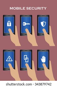 Hand holding mobile phone with security related conceptual symbol on touchscreen. Set of six vector illustrations on IT security concept isolated on plain  background.