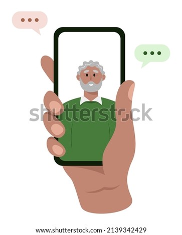 A hand holding a mobile phone with senior African American man on the touch screen. Video call with grandfather or father. The concept of caring for elderly people. Vector illustration in flat style.