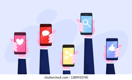 Hand holding mobile phone set. Smartphone with icon on the screen. Search, communication button. Isolated vector illustration in cartoon style