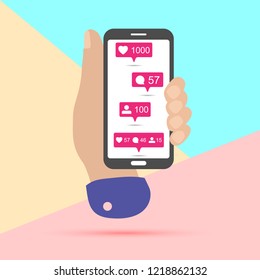 hand holding mobile phone with Share, like, comment, repost social media ui icons on screen with shadow on pastel colored blue and pink background. Pink bubble  icon set for websites, blog, 