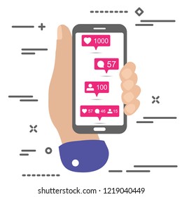 hand holding mobile phone with Share, like, comment, repost social media ui icons on screen on white background. Pink bubble  icon set for websites, blog, mobile interfaces