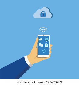 hand holding mobile phone signal cloud with lock vector illustration