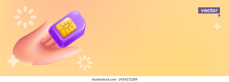 Hand holding mobile phone SIM card with golden chip in neumorphism style. Realistic 3D isometric cartoon render. Fun vector banner template for online cell app, NFC payment password, wireless network.